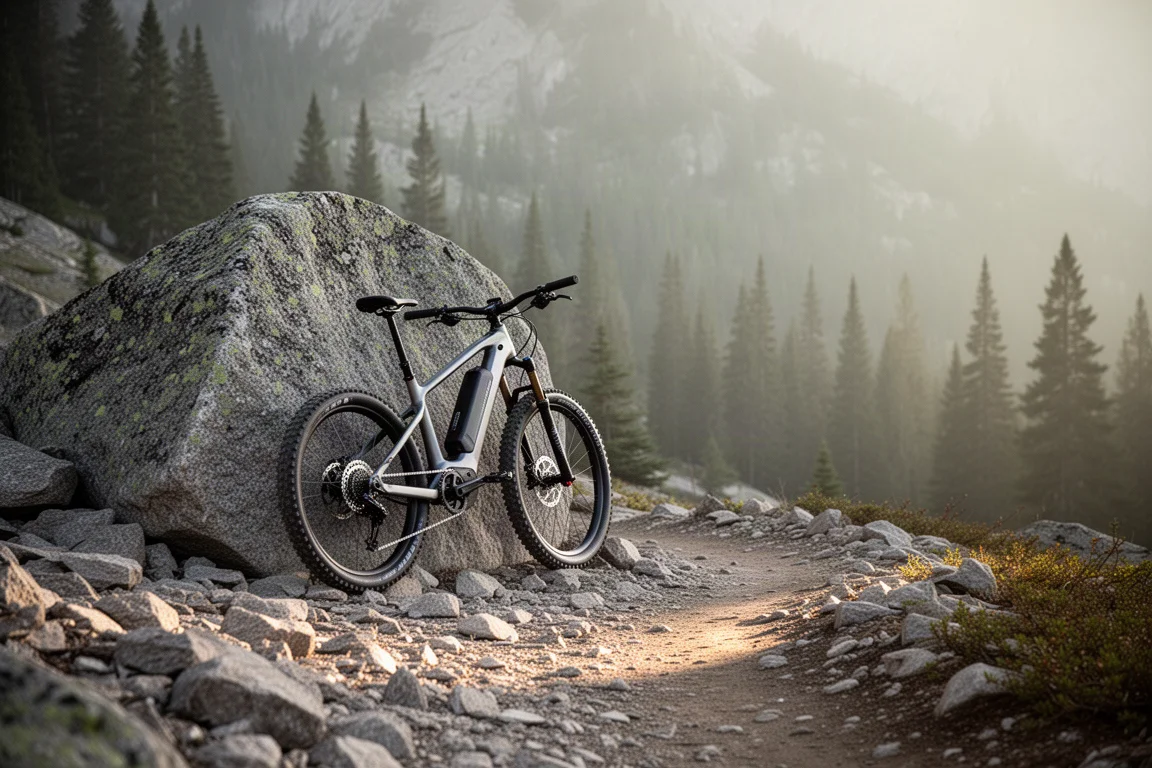 Vélo électrique tout-terrain garé au bord d'un sentier alpin rocheux dans la lumière du matin