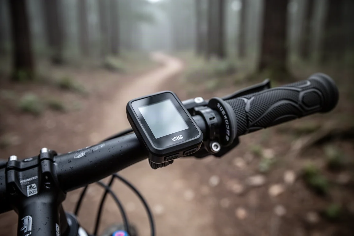 Gros plan sur un écran compact de cintre monté sur un vélo tout-terrain