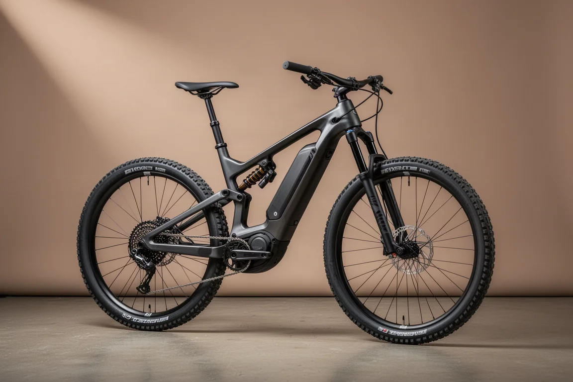 Full-suspension elektrische mountainbike in driekwartaanzicht tegen een grijze studioachtergrond