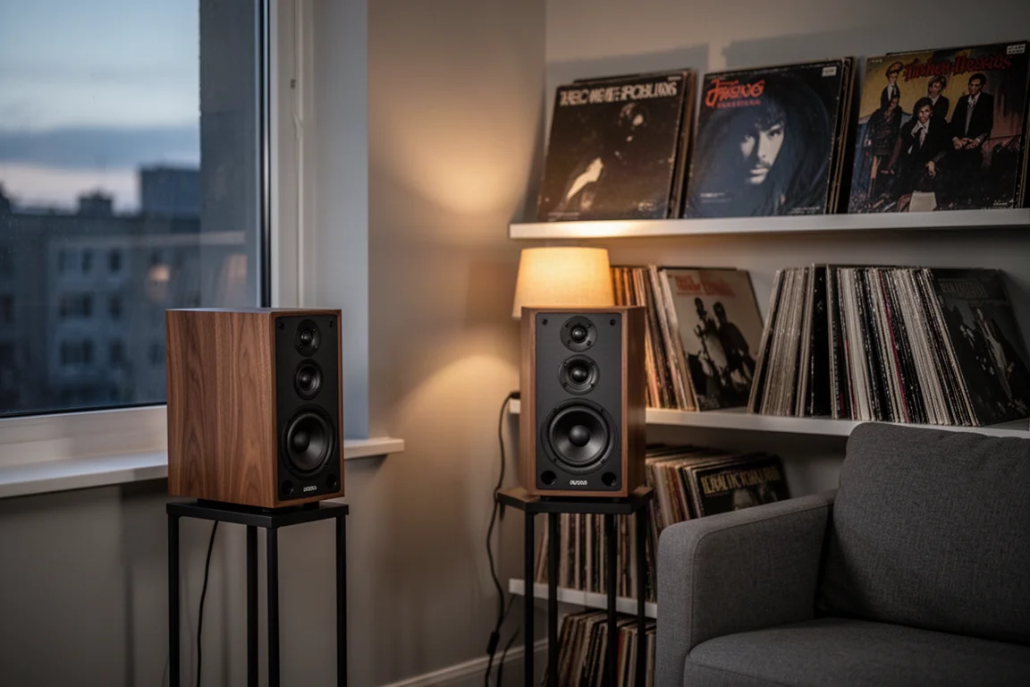 Litet vardagsrum i lägenhet i skymningen med kompakta monitorhögtalare på stativ vid ett fönster och vinylskivor bakom