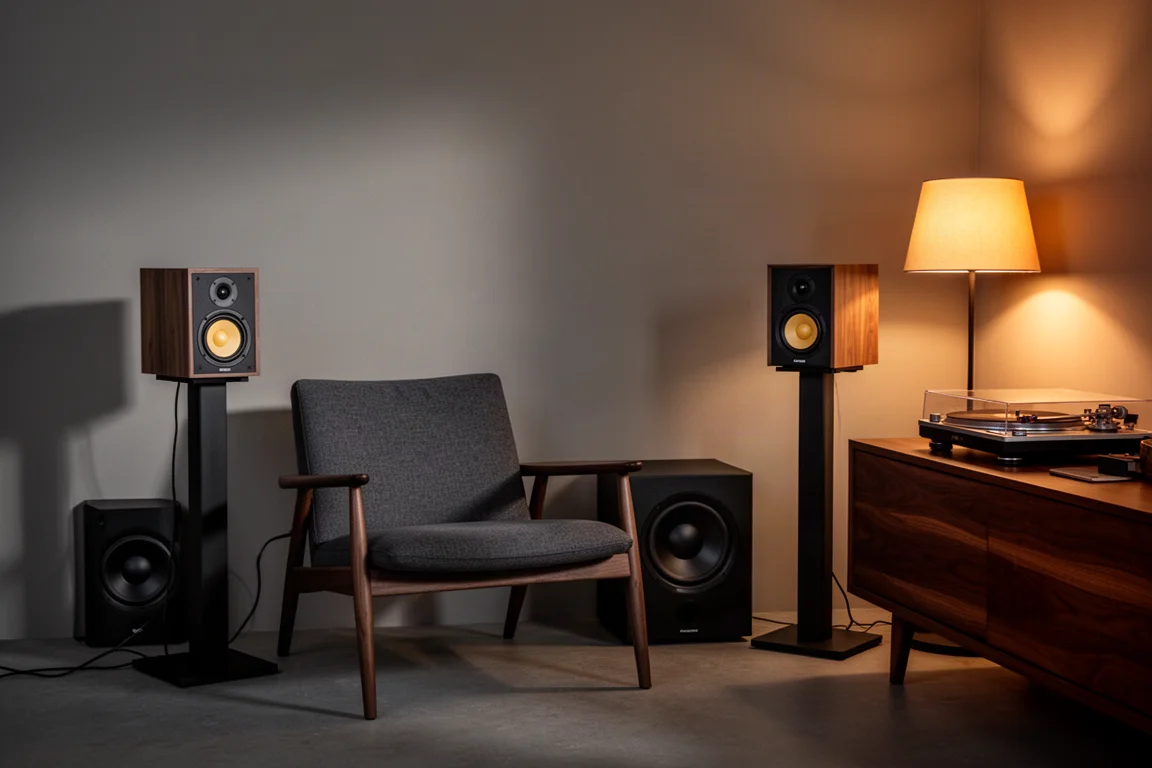 Kvällslyssningshörna med två små monitorhögtalare på stativ, en kompakt subwoofer och en skivspelare