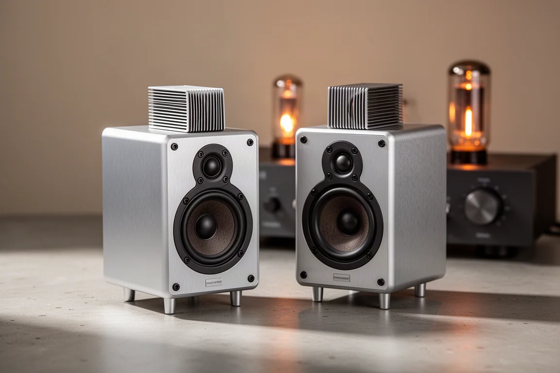 Pair of small aluminium compact hi-fi monitor speakers on stands with a tube amplifier behind them