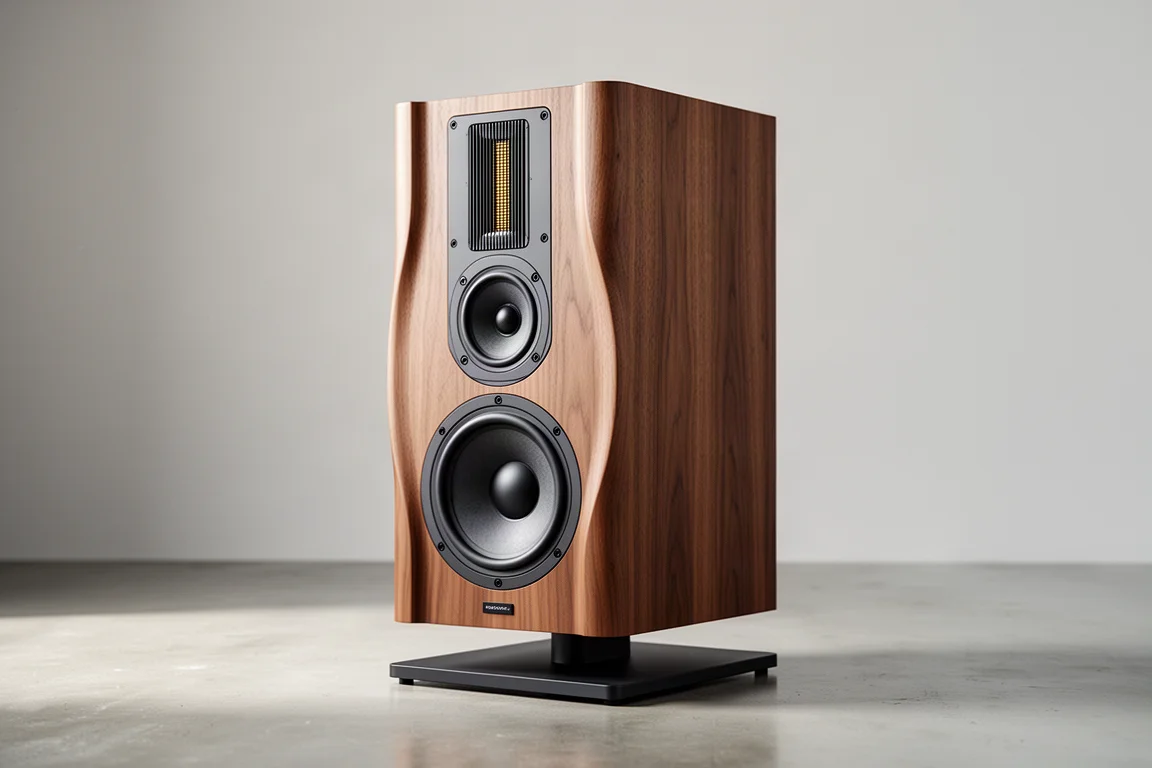 Large three-way stand-mount speaker with wood veneer cabinet on a slim black stand