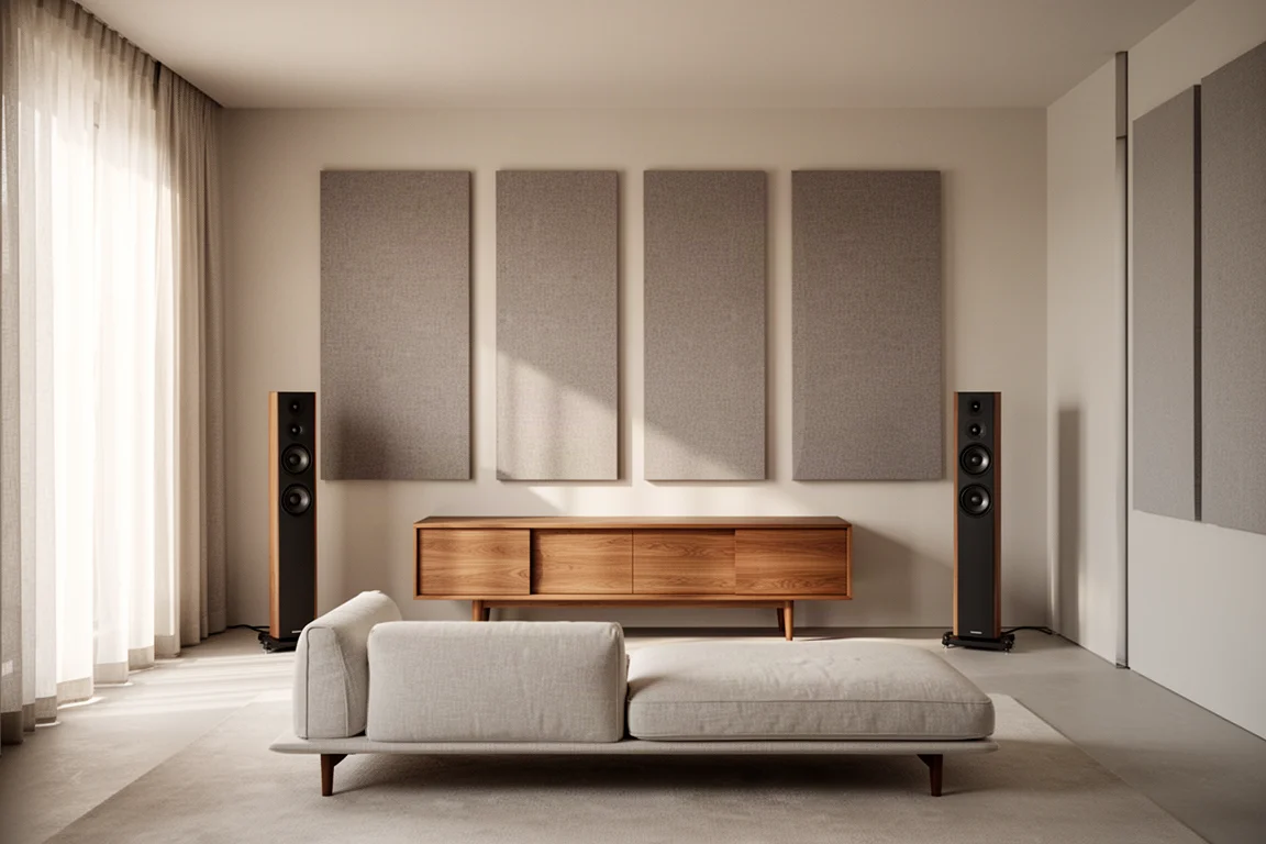 Pièce d'écoute minimaliste avec panneaux acoustiques muraux gris et deux enceintes très espacées