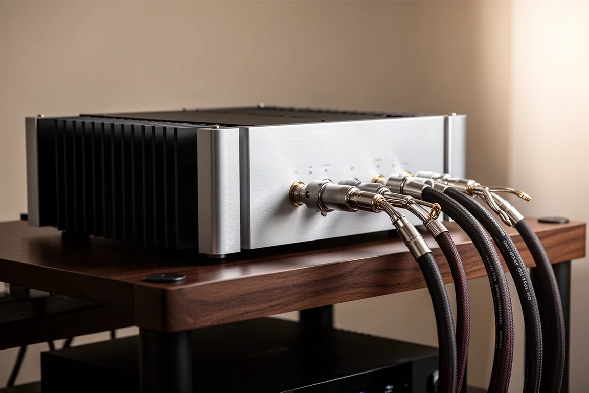 Ampli monobloc de forte puissance avec dissipateurs à ailettes et gros câbles d'enceinte