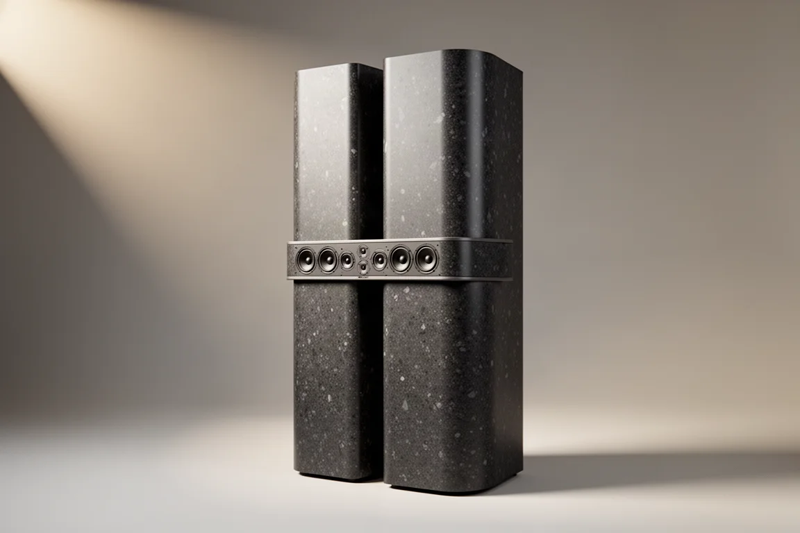 Tall split-cabinet floorstanding loudspeaker with a bridge-mounted driver array on a grey backdrop