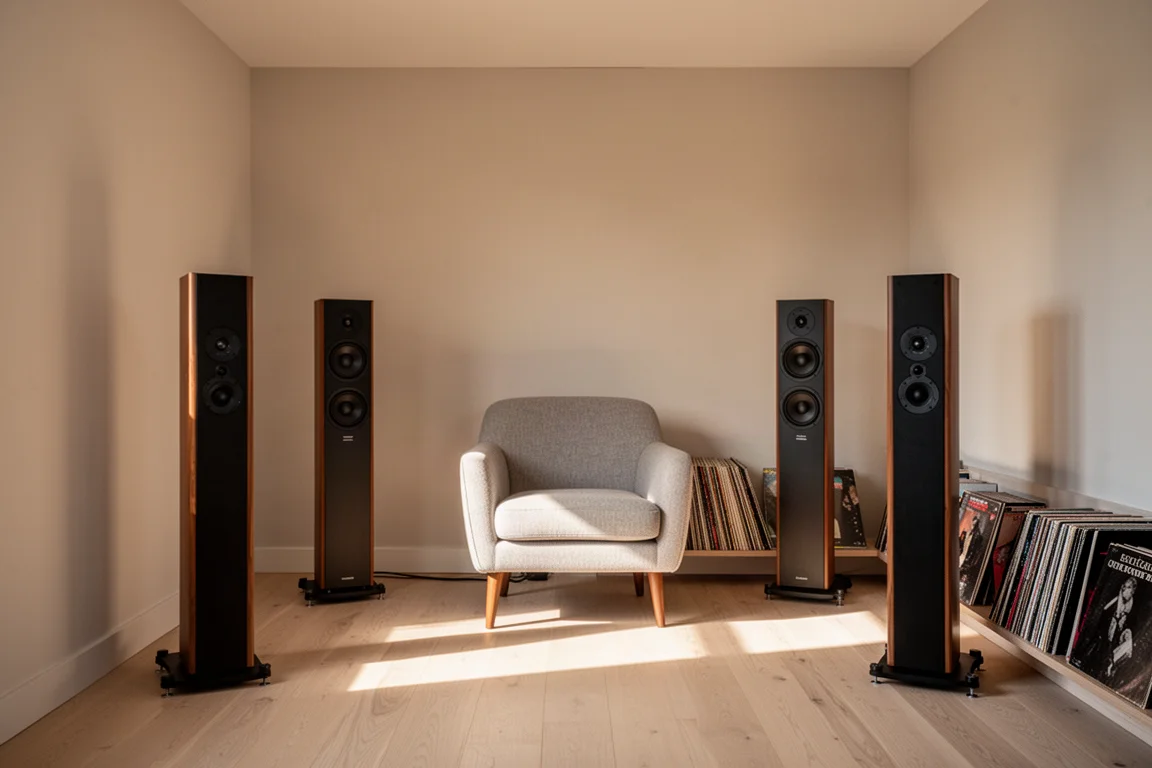 Petite pièce d'écoute avec deux fines enceintes colonnes et un fauteuil unique