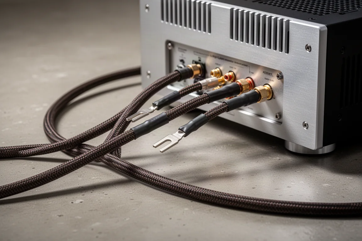 Câble d'enceinte avec connecteurs à fourche relié aux bornes d'un amplificateur
