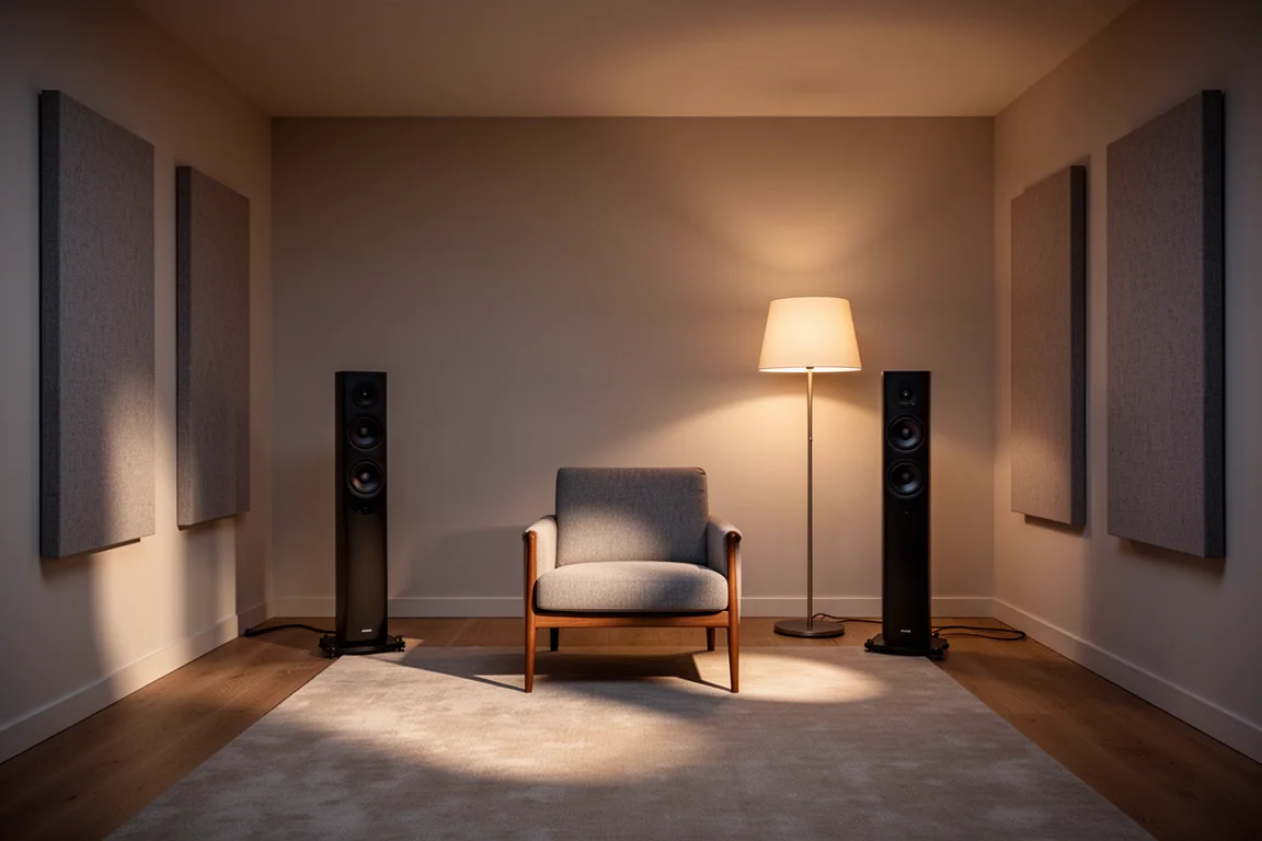 Pièce d'écoute au crépuscule avec deux colonnes de part et d'autre d'un fauteuil