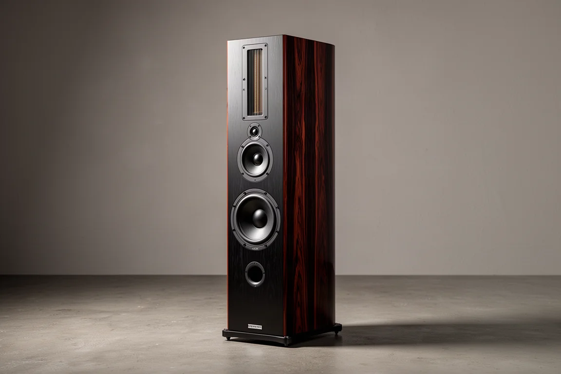 Dark ebony floorstanding loudspeaker with two woofers, midrange, and ribbon tweeter