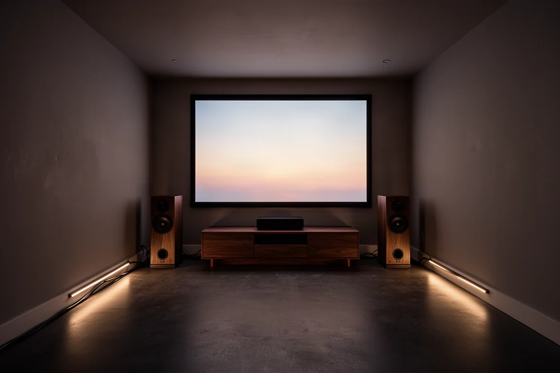 Sala home theater in penombra con schermo luminoso e diffusori da scaffale compatti