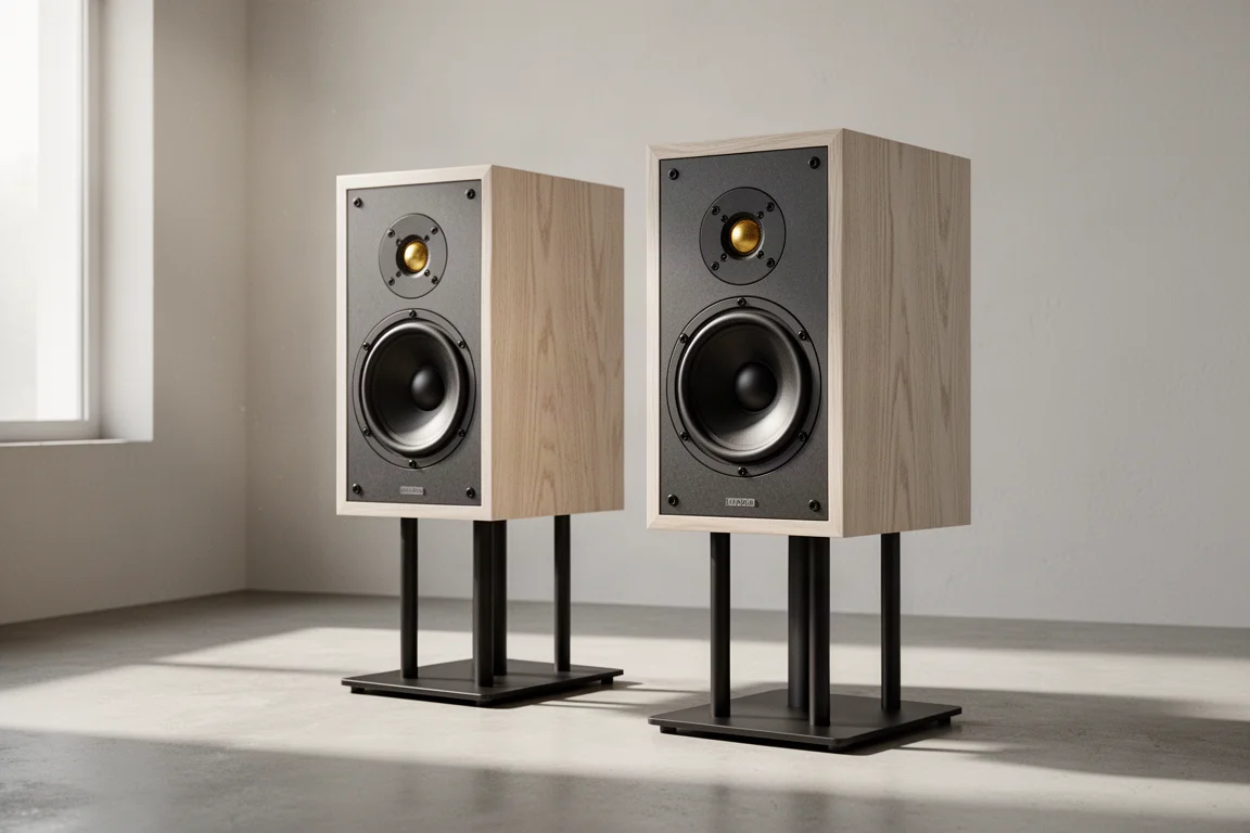 Pair of ash veneer two-way bookshelf speakers on stands in a bright minimal living room