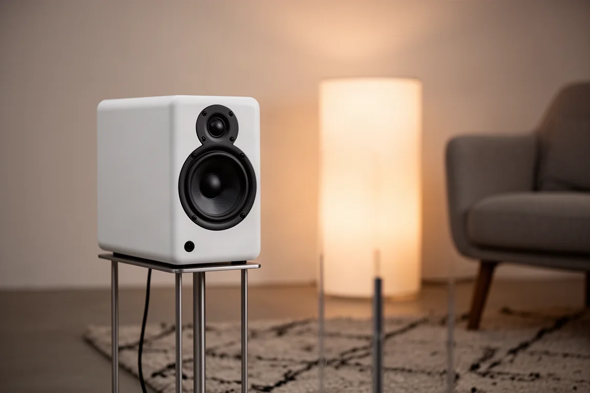 Altavoz de estantería compacto en blanco mate sobre un soporte fino en una sala minimalista al atardecer