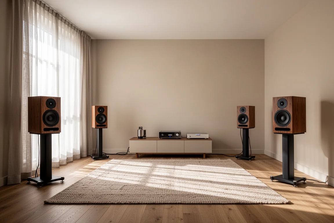 Sala de escucha amplia con dos altavoces de estantería sobre soportes a ambos lados de un mueble bajo