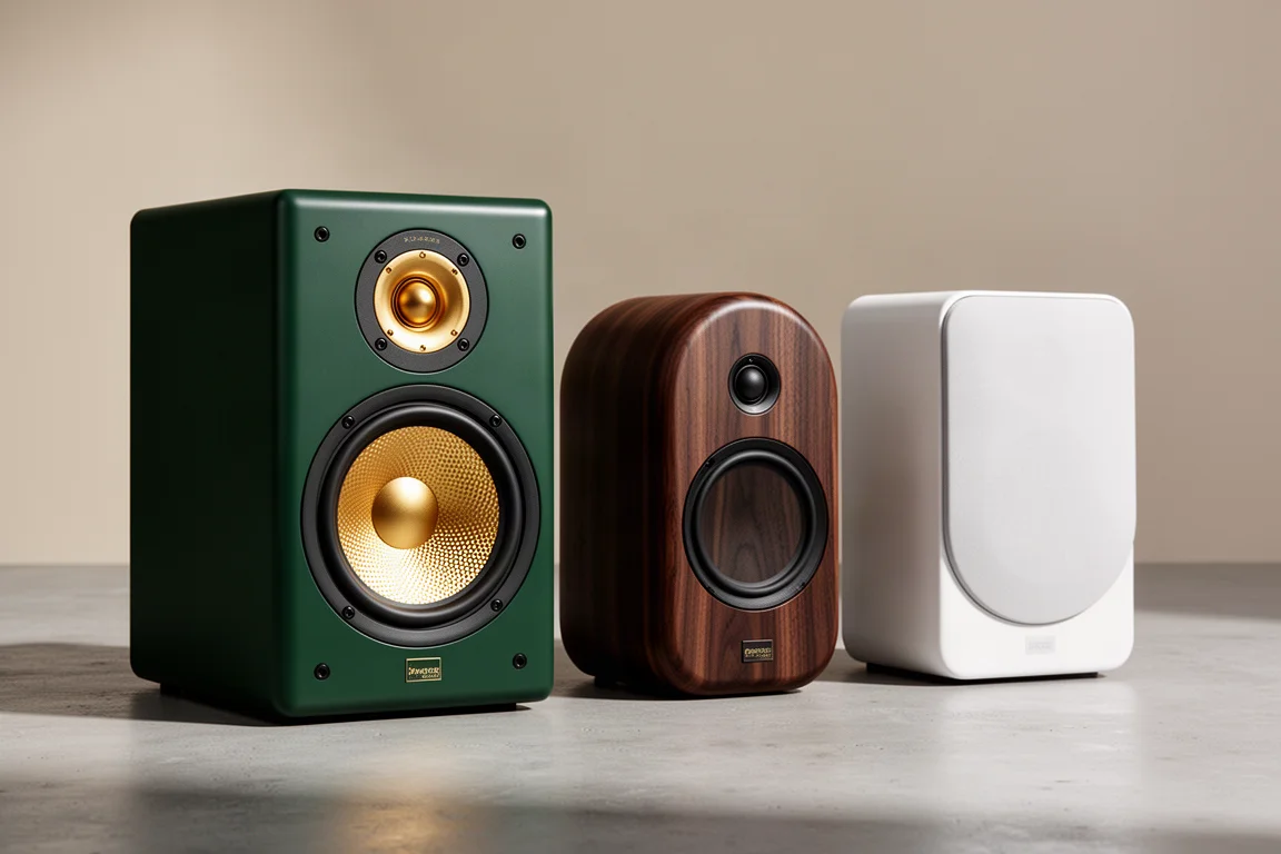 Three standmount loudspeakers in green, dark wood and matte white on a concrete surface