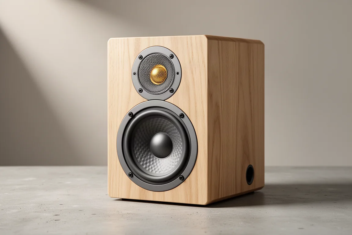 Compact ash veneer standmount speaker with dimpled midwoofer and gold dome tweeter on concrete
