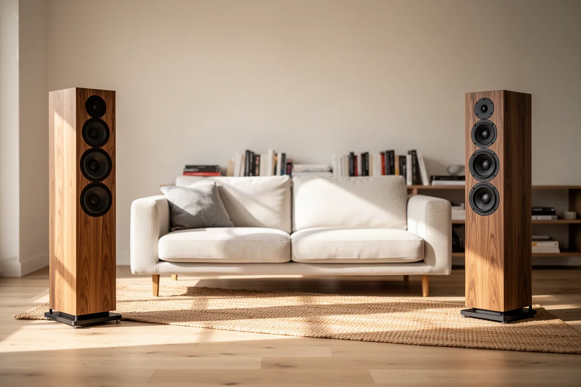 Modern living room with tall floorstanding tower speakers flanking a low sofa