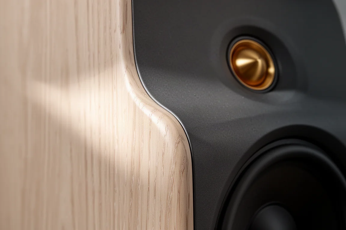 Close-up of pale ash wood veneer cabinet edge beside a small gold dome tweeter