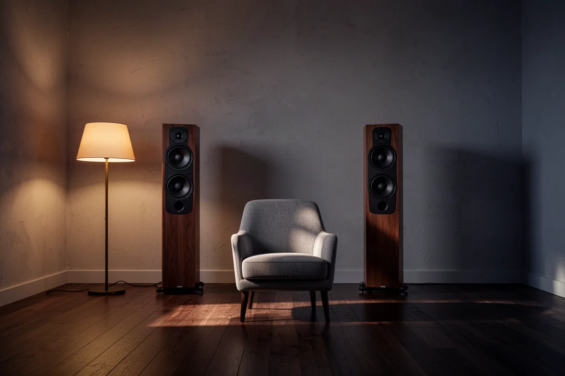 Listening room at dusk with tower speakers standing clear of the wall
