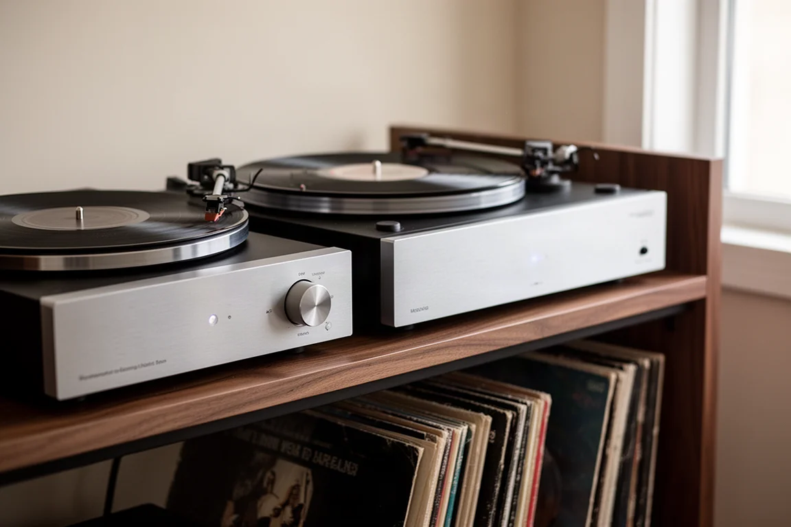 Integrated amplifier and turntable on a home hi-fi rack with vinyl records