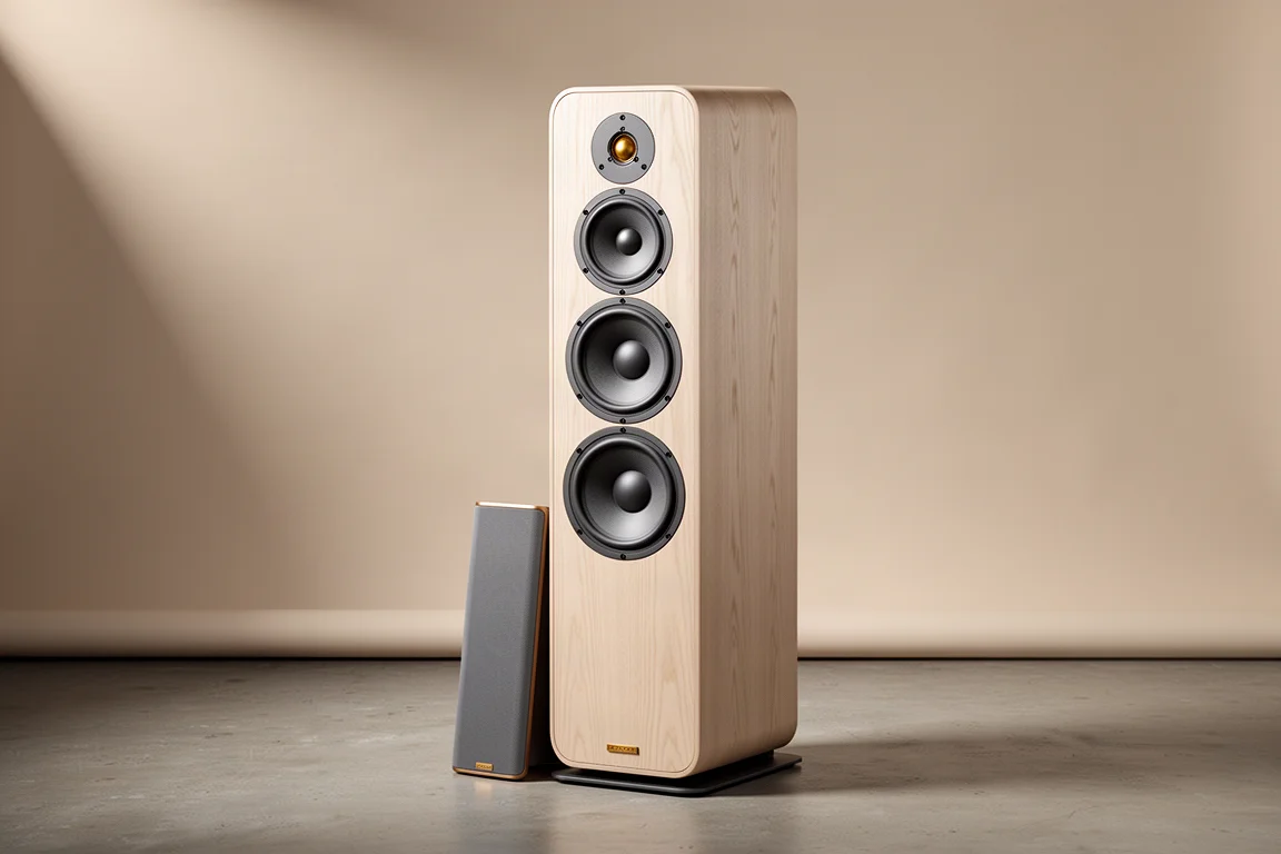 Ash veneer three-way floorstanding tower speaker with gold dome tweeter