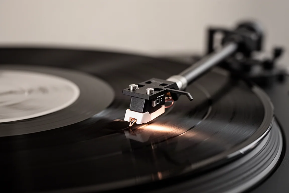 Nahaufnahme einer Turntable-Nadel, die die Rille einer Vinylplatte abtastet