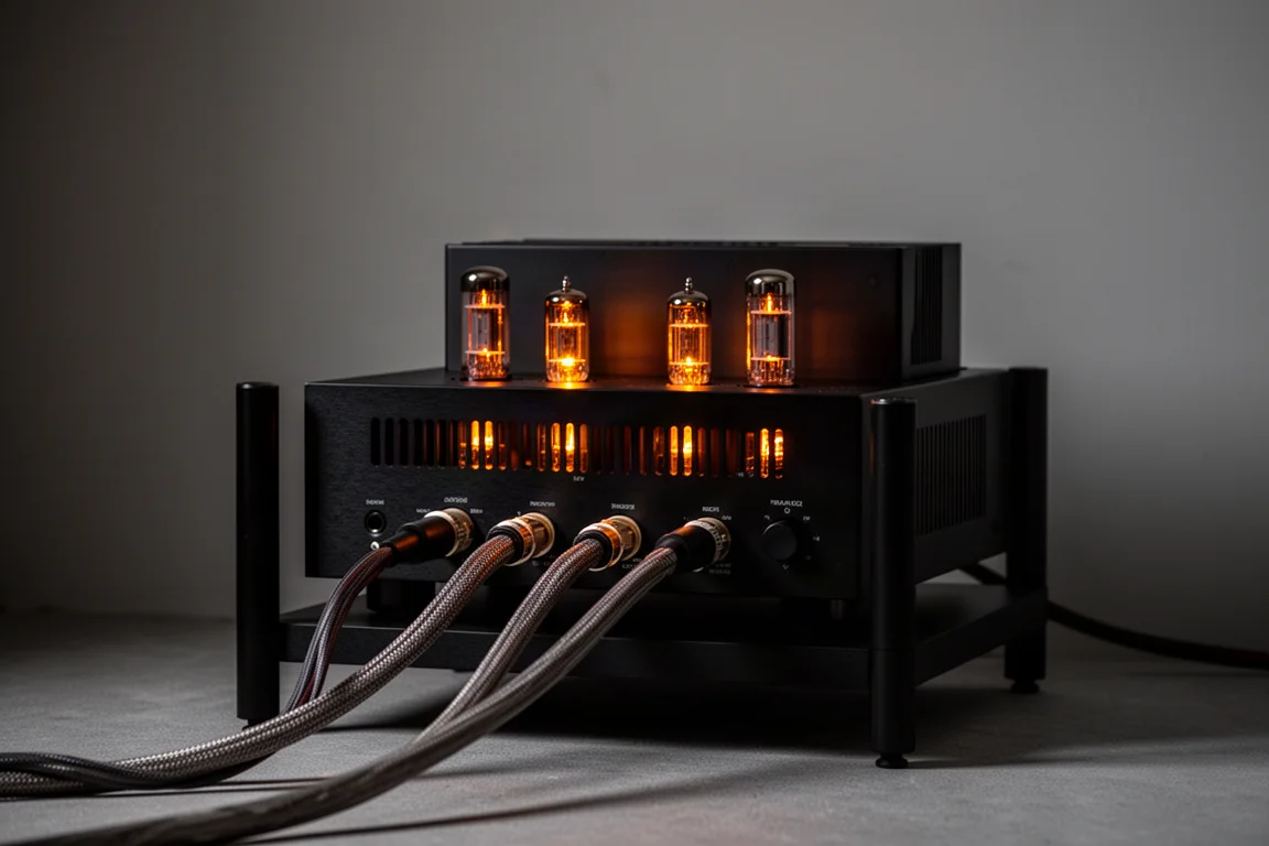 Röhrenverstärker leuchtet in einem dunklen Hi-Fi-Rack, Lautsprecherkabel auf dem Boden