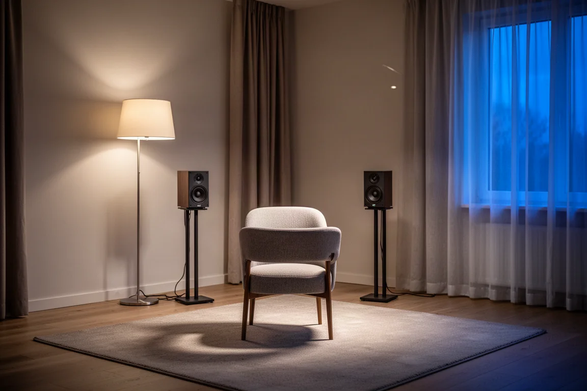 Wohnzimmer in der Abenddämmerung mit einem Sessel vor zwei kompakten Lautsprechern auf Ständern