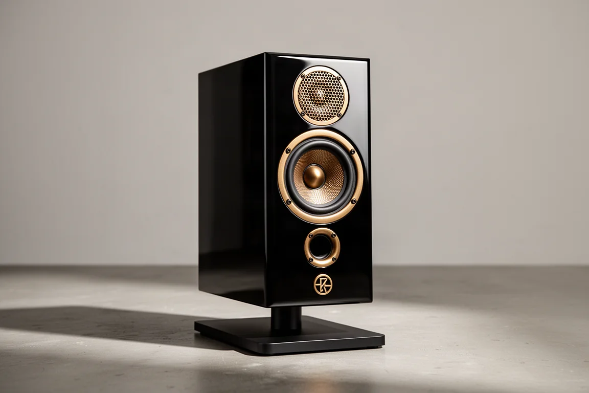 Compact gloss black standmount speaker with gold drivers on a slim black stand