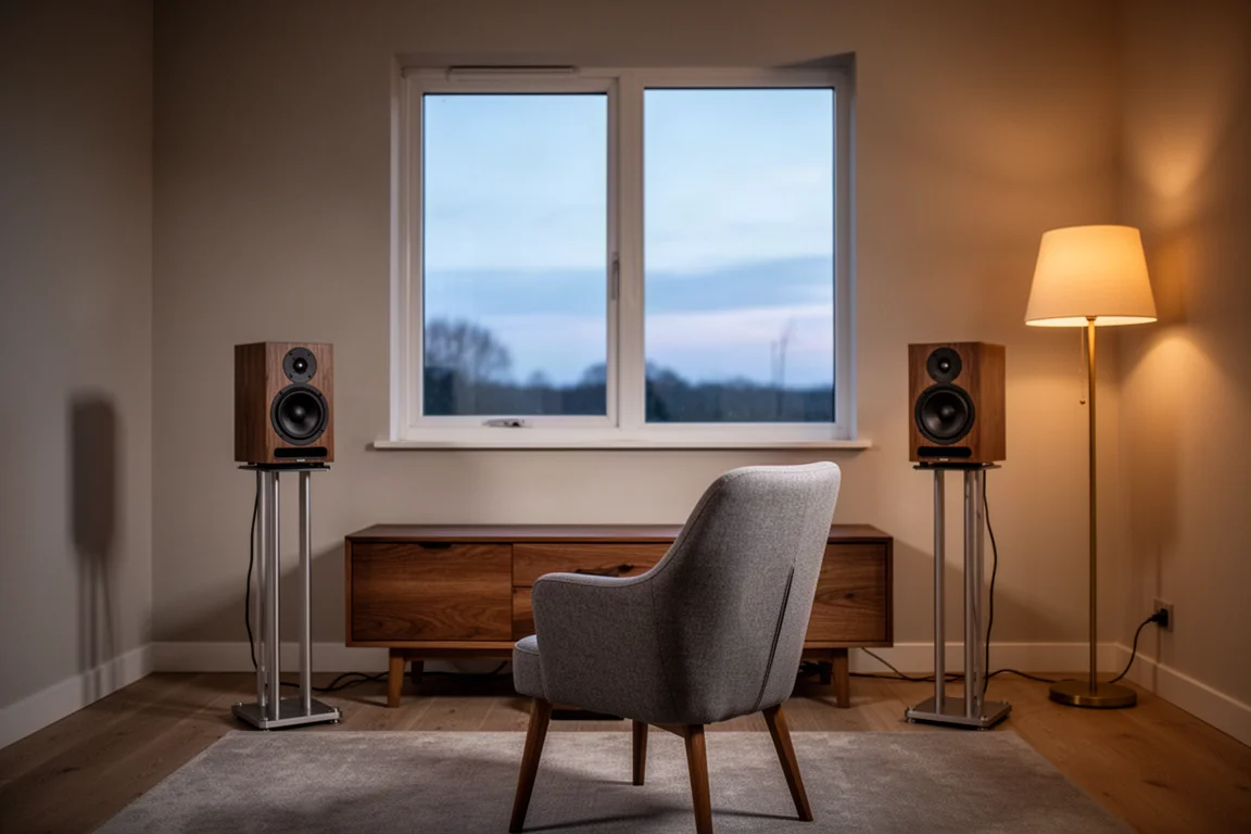 Small listening room at dusk with two compact speakers on stands and a warm floor lamp