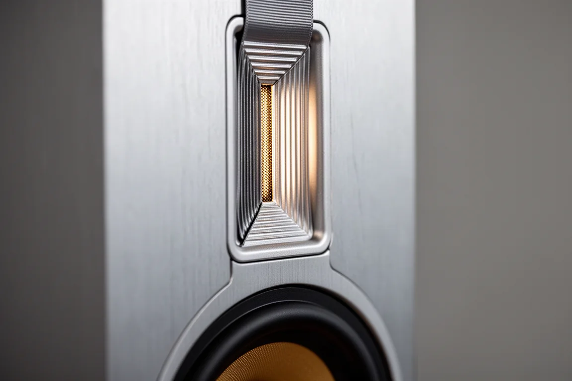 Macro detail of a folded ribbon tweeter set into a brushed aluminium baffle