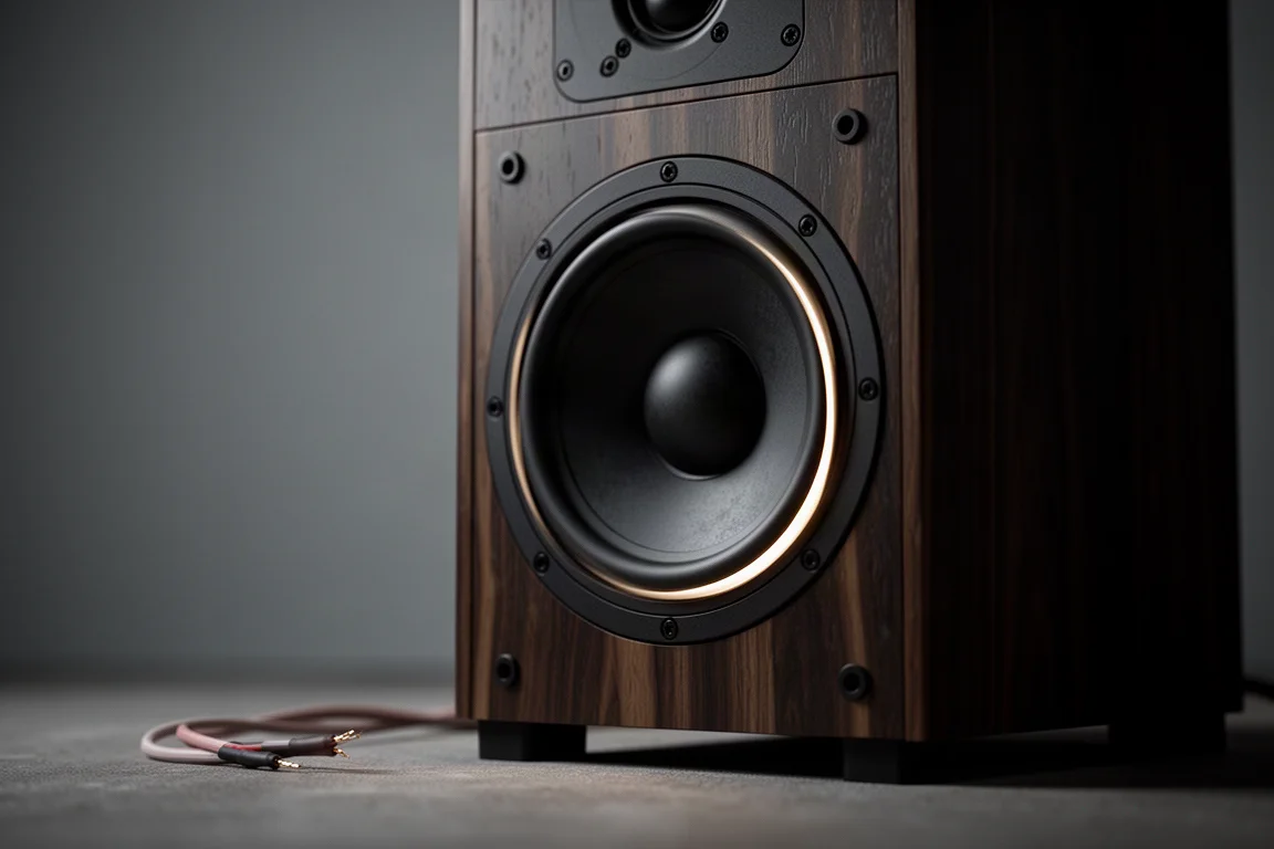 Low-angle view of a large passive radiator on the back of a small speaker