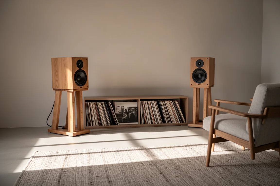 Living room listening corner with two compact speakers angled inward on stands