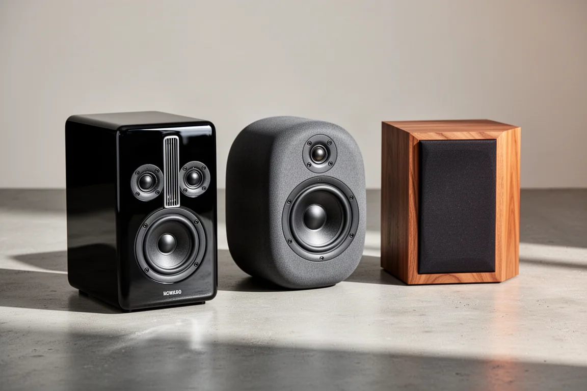 Three compact standmount speakers arranged on a concrete surface in soft studio light