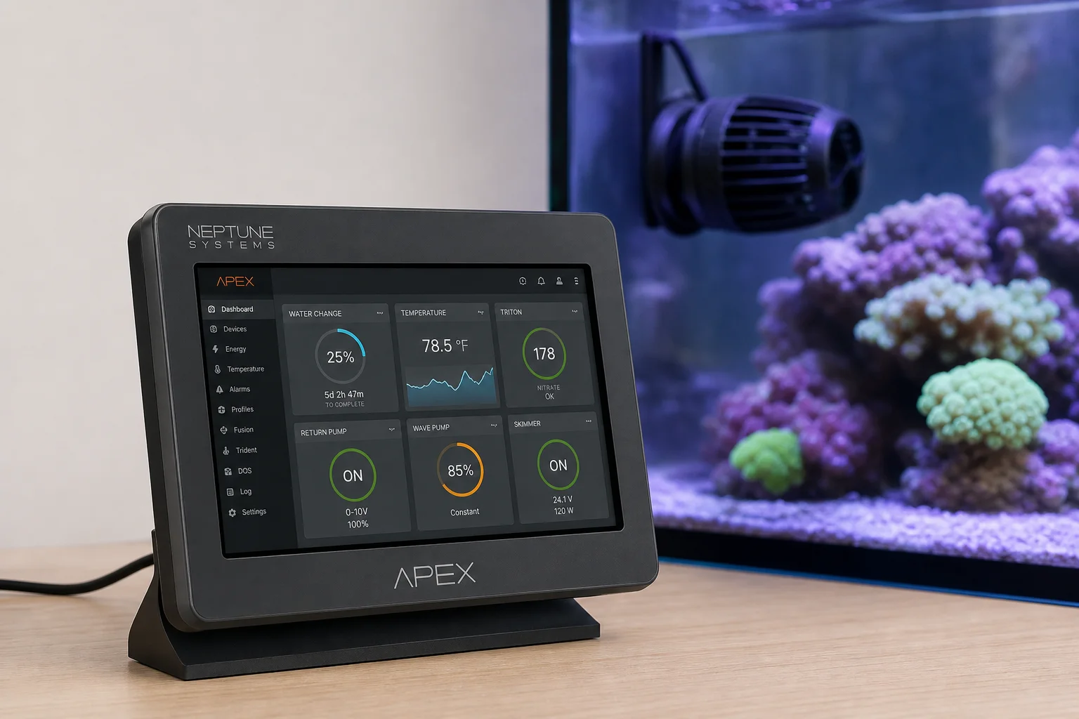 Neptune Apex 控制器，背景為造浪馬達與魚缸