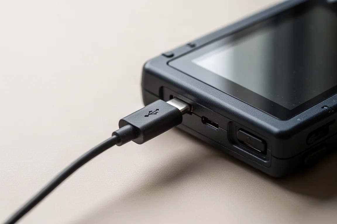 Close-up of a USB-C earbud connector plugged into a retro handheld device