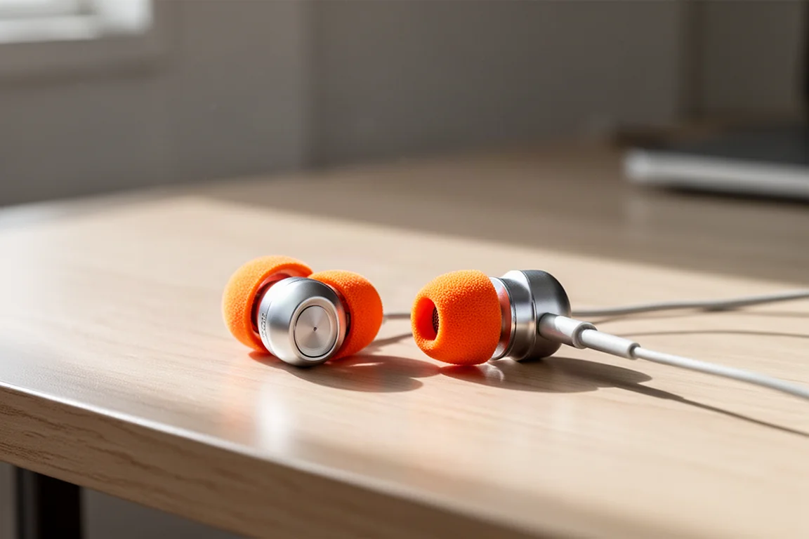 Flathead earbuds with foam pads resting on a wooden desk