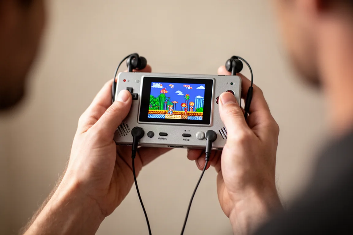 Person holding a retro handheld with earbuds plugged in, playing a game