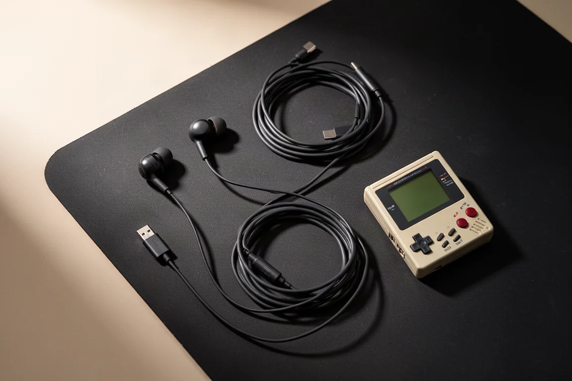 Overhead flat-lay of earbuds, USB-C cable, and a retro handheld on a dark surface