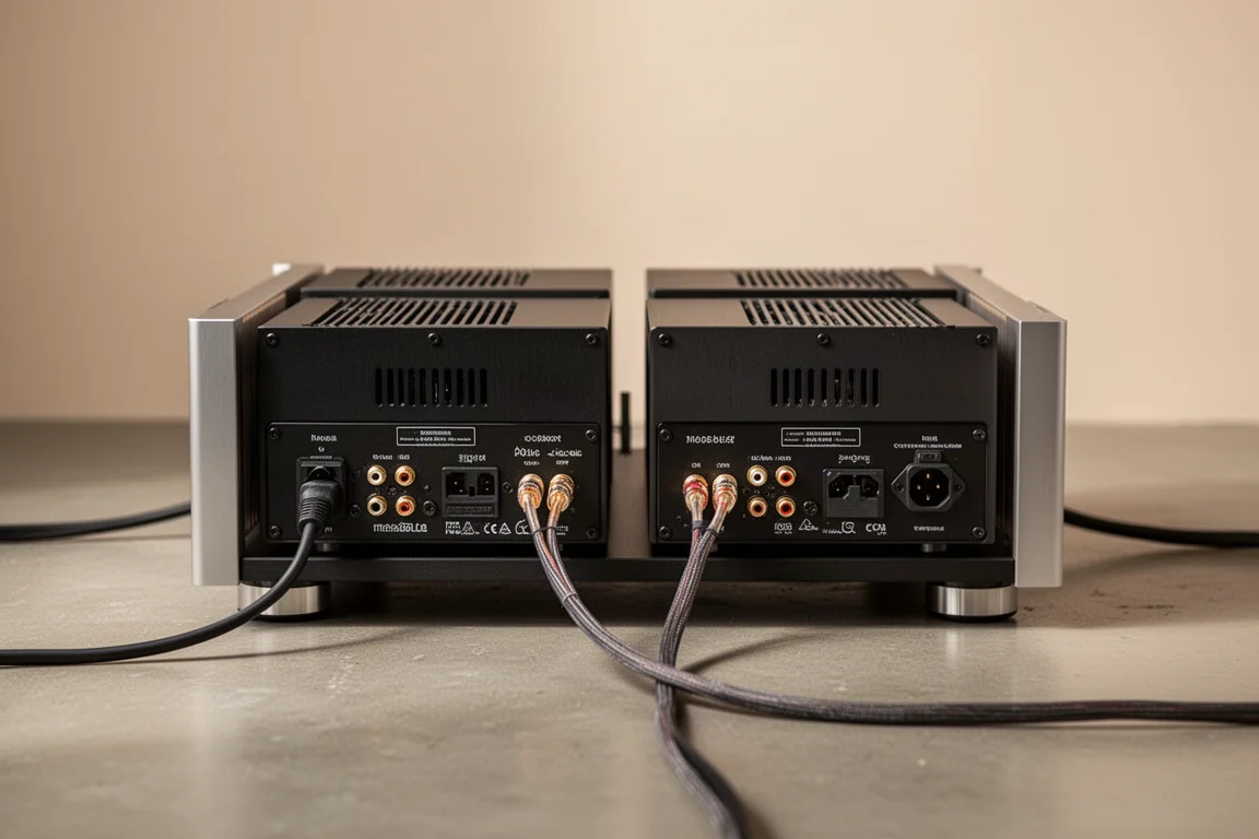 Achteraanzicht van een hifi-rack met twee kleine monoblokversterkers en netjes weggewerkte kabels