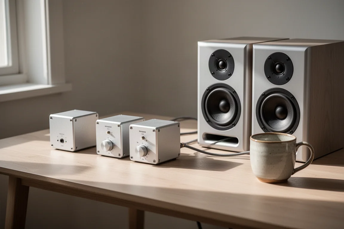 Kleine desktop-audioset met twee compacte versterkerblokjes en boekenplankspeakers
