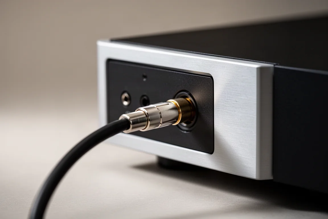 Close-up van een RCA-interconnect die in het achterpaneel van een compacte versterker is gestoken