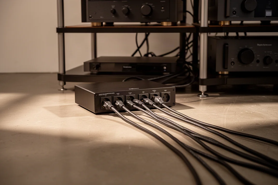 Netfilter met meerdere stopcontacten en ordelijke netsnoeren achter een hifi-rack