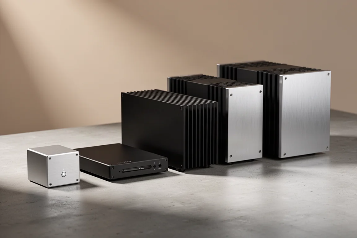 Five monoblock amplifier chassis of different sizes arranged on a concrete surface