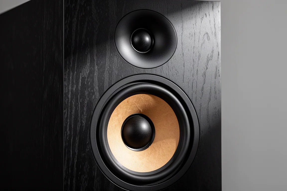 Gros plan sur un woofer de 5,25 pouces et sa suspension en caoutchouc sur une enceinte bibliothèque