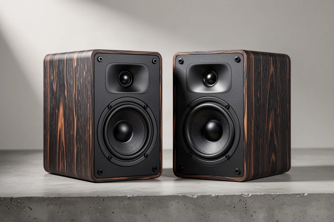 Pair of compact wood-grain bookshelf speakers on a concrete surface