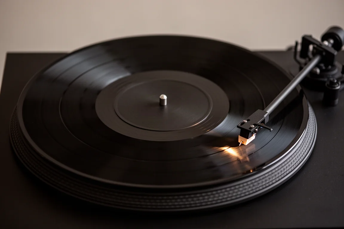 Primer plano de un disco de vinilo girando sobre el plato de un tocadiscos bajo la luz cálida de una habitación