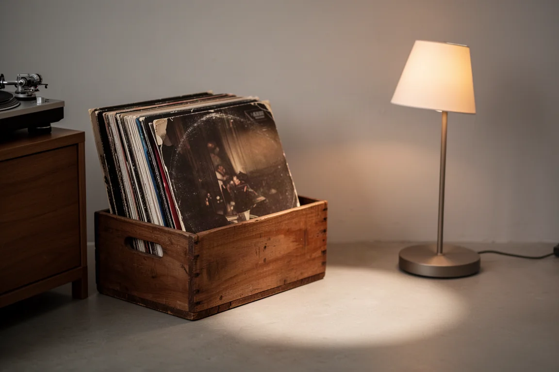 Caja de discos junto a un tocadiscos, luz cálida de lámpara en una noche tranquila