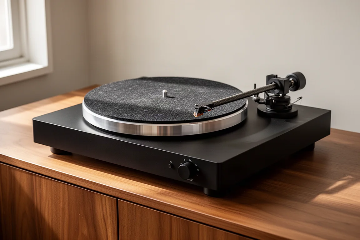 Belt drive turntable with cast aluminum platter and felt mat on a wooden sideboard