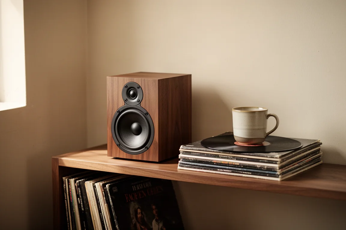Lautsprecher auf einem Holzregal neben gestapelten Vinylplatten